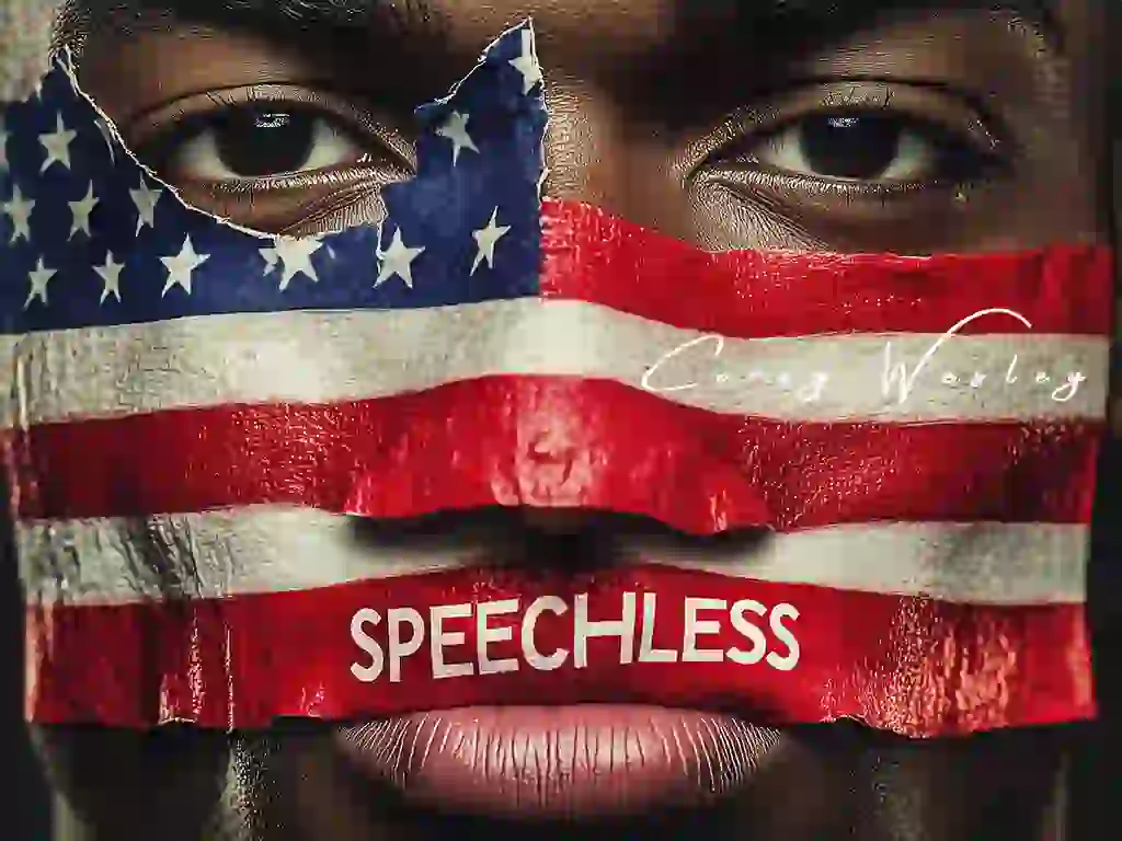 Luxury wall art of a Black man with a U.S. flag over his mouth—Corey Wesley’s ‘Speechless America Luxury wall art of a Black man with a U.S. flag over his mouth—Corey Wesley’s ‘Speechless America