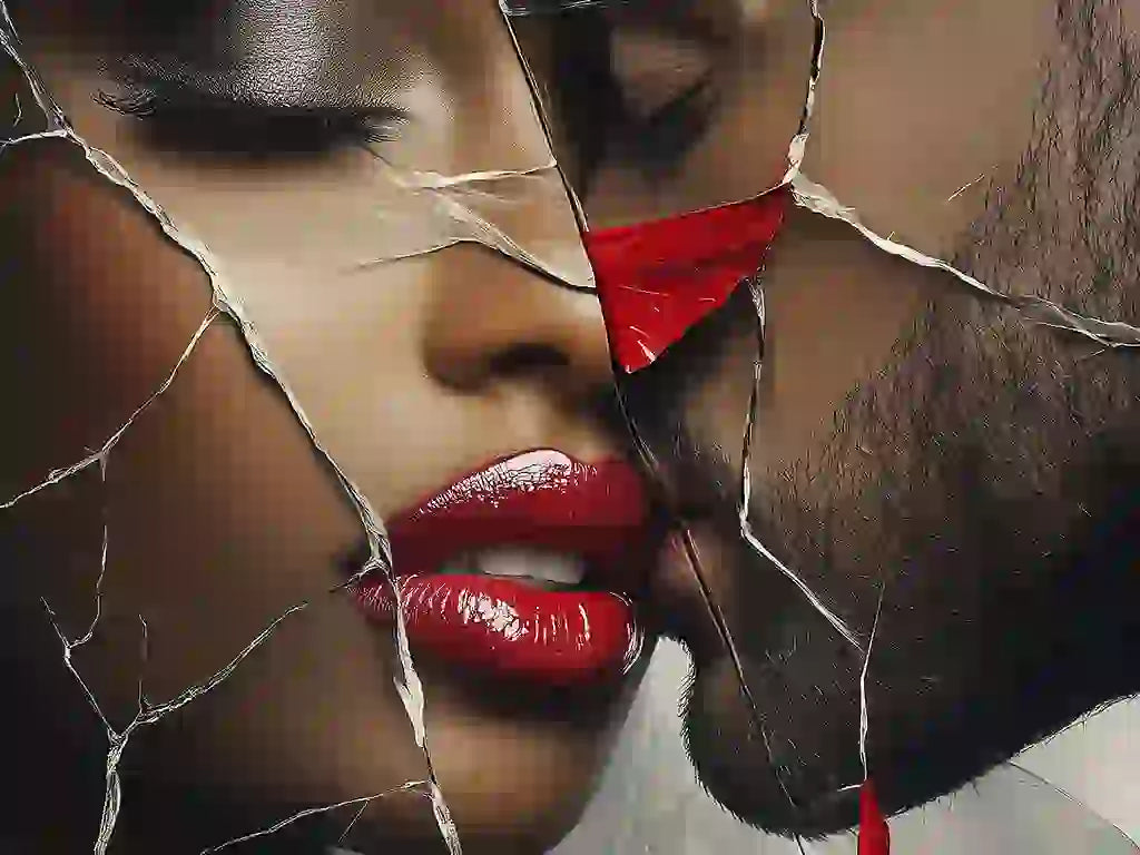 Close-up of cracked luxury wall art featuring a sensual Black couple with red lips and emotional tension, representing love, pain, and intimacy in bold modern decor. Close-up of cracked luxury wall art featuring a sensual Black couple with red lips and emotional tension, representing love, pain, and intimacy in bold modern decor.