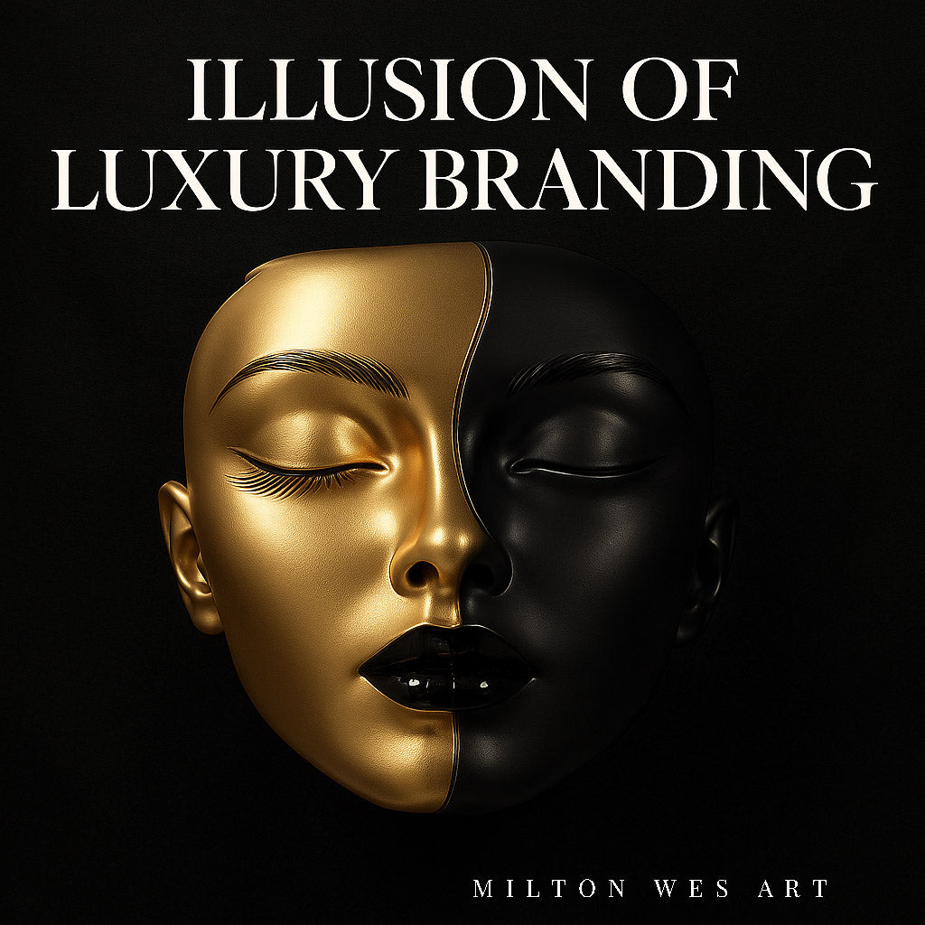 A mask featuring two tones, one in gold and the other in black, represents the juxtaposition of perceived opulence and concealed realities. Positioned prominently above is the phrase 'Illusion of Luxury Branding' in a striking serif typeface. A mask featuring two tones, one in gold and the other in black, represents the juxtaposition of perceived opulence and concealed realities. Positioned prominently above is the phrase 'Illusion of Luxury Branding' in a striking serif typeface.