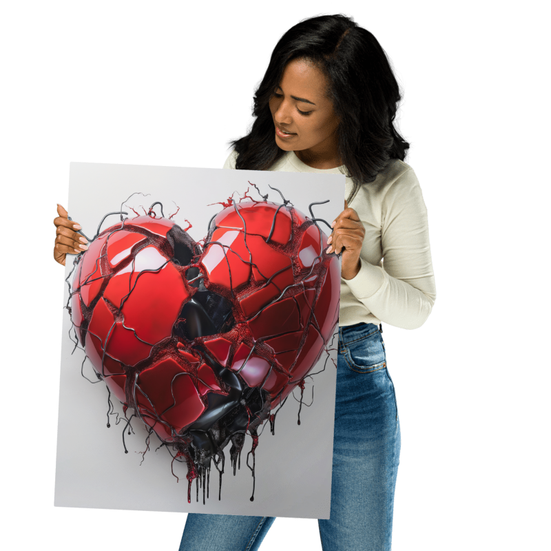 Woman holding a large metal print artwork by Milton Wes, featuring a detailed red heart encased in black webbing against a white background