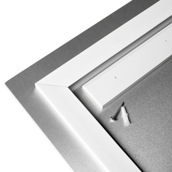 Close-up view of a disassembled metal print kit showing white metal frames, corner brackets, and screws on a grey background.