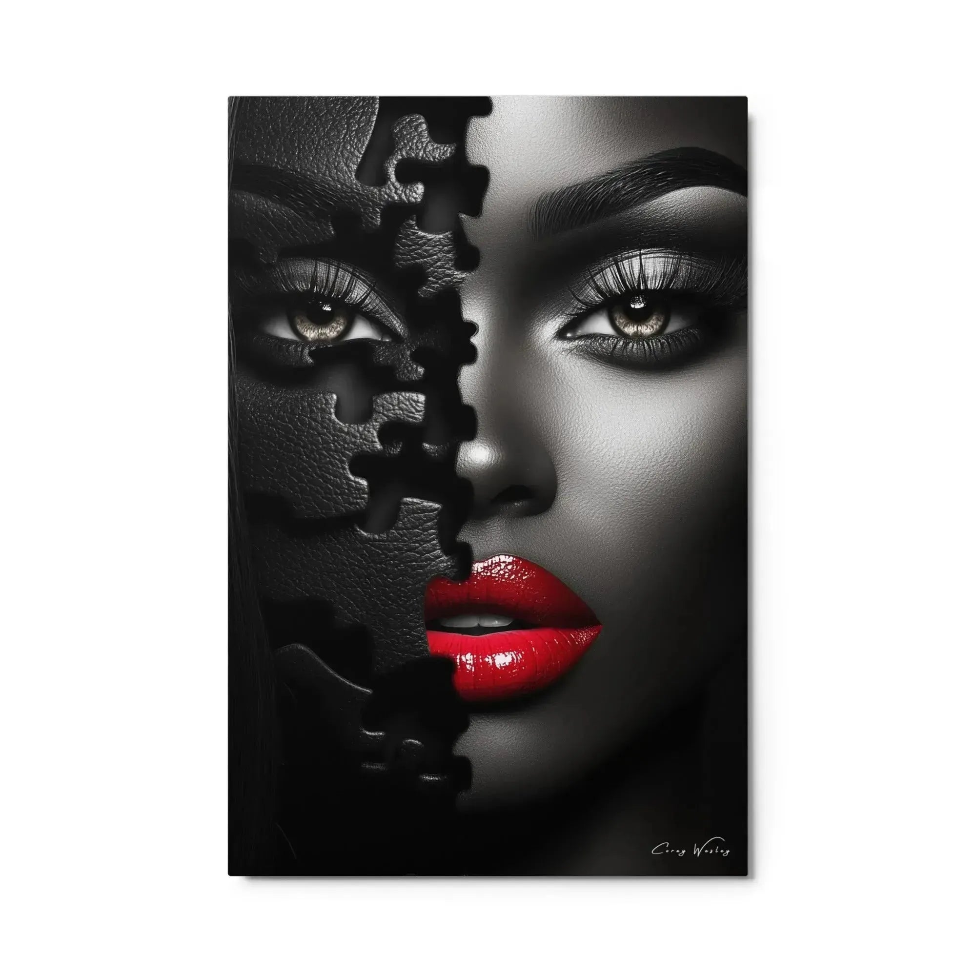 Black white puzzle portrait art contemporary female face red lips aluminum print NYC artist wall art