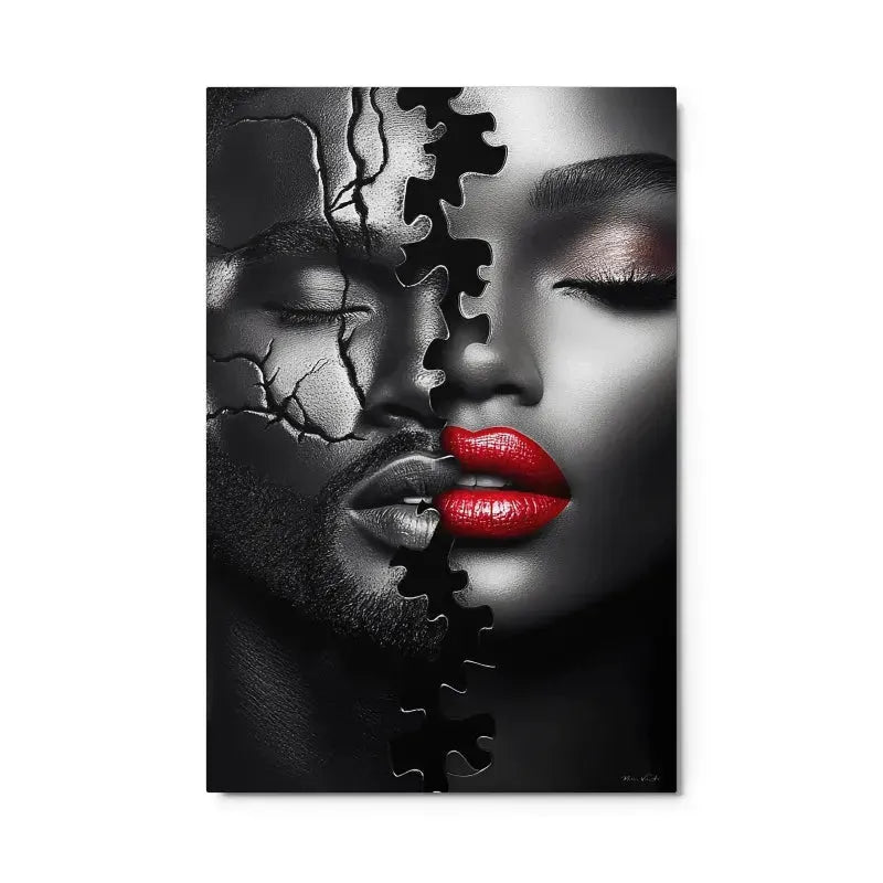 Black white puzzle portrait art contemporary couple red lips blue accent aluminum print NYC artist wall art