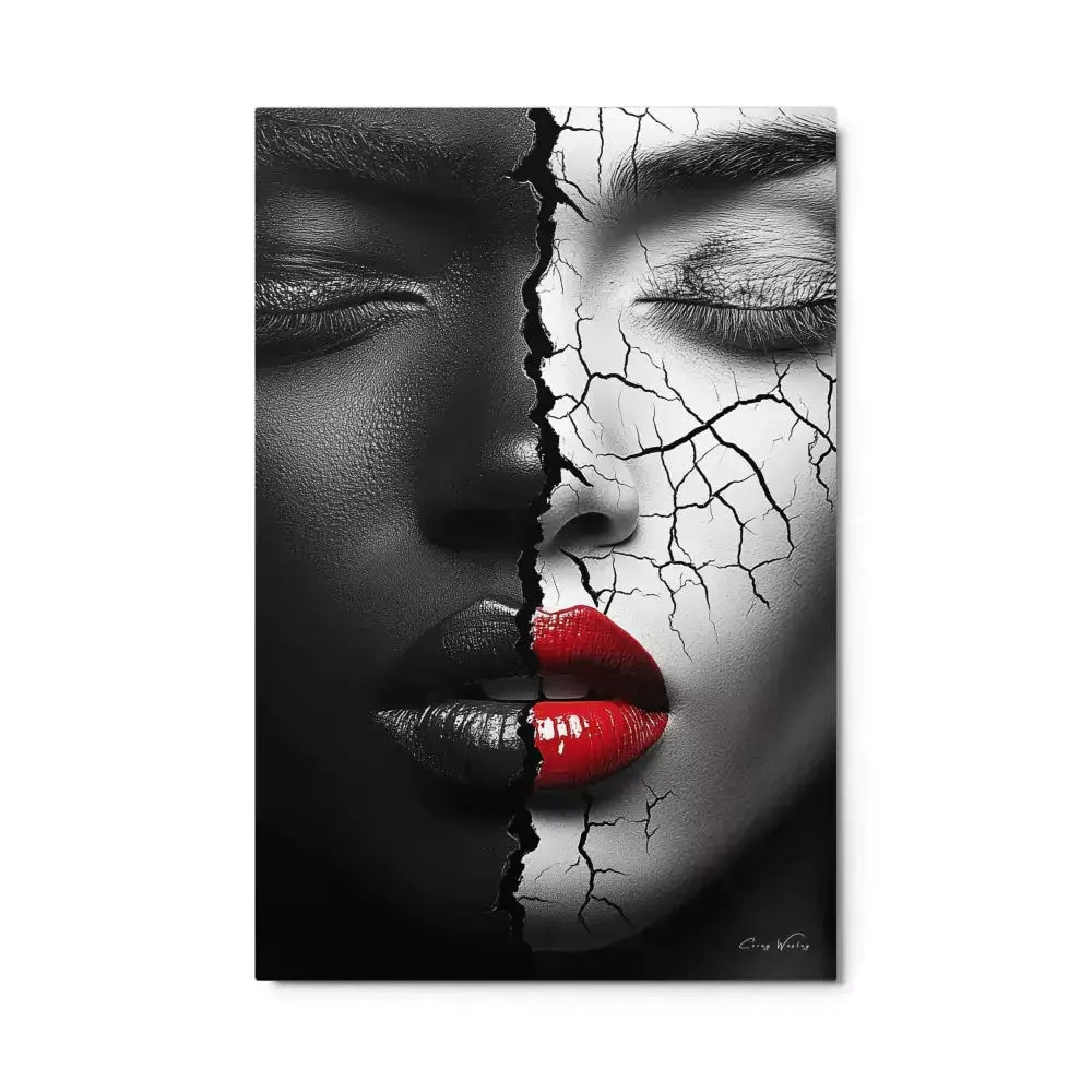 Black white cracked portrait art contemporary dual faces red lips aluminum print NYC artist wall art