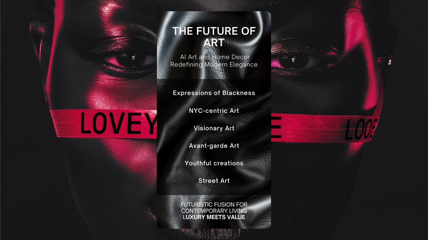 Artistic monochrome image of a face obscured by dynamic red text bands, featuring phrases like 'The Future of Art' and 'Love Your Face', promoting avant-garde and street art themes