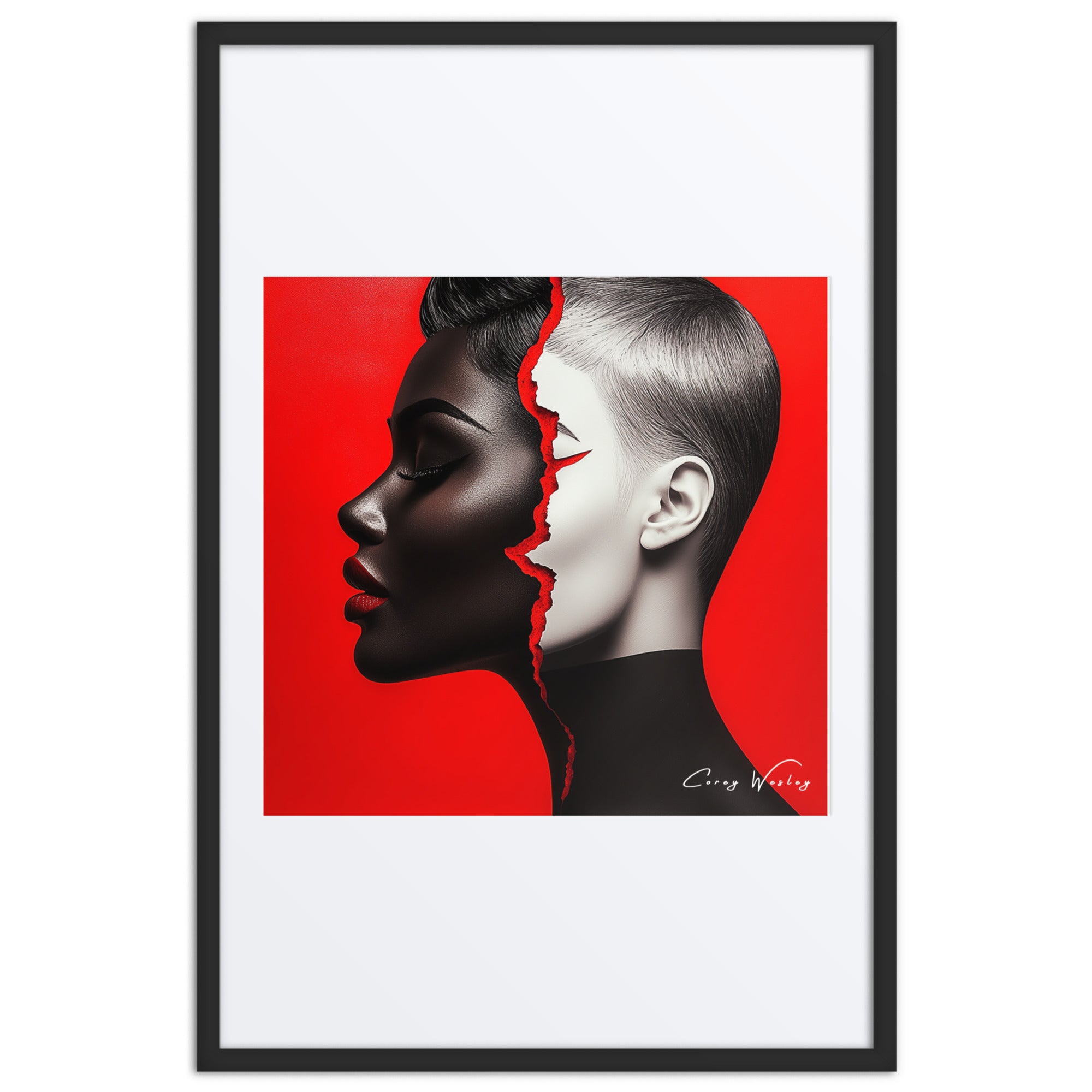 Modern portrait art with contrasting profiles, contemporary aluminum print by NYC artist, statement wall decor