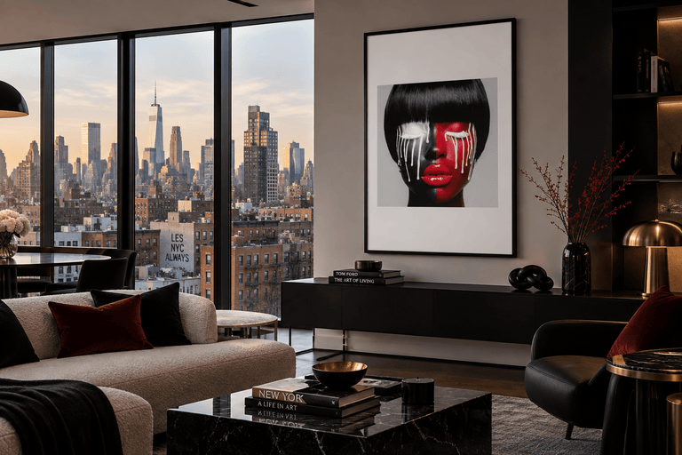Burning Desire by Corey Wesley in a luxury New York apartment room mockup, with the Lower East Side skyline beyond the windows.