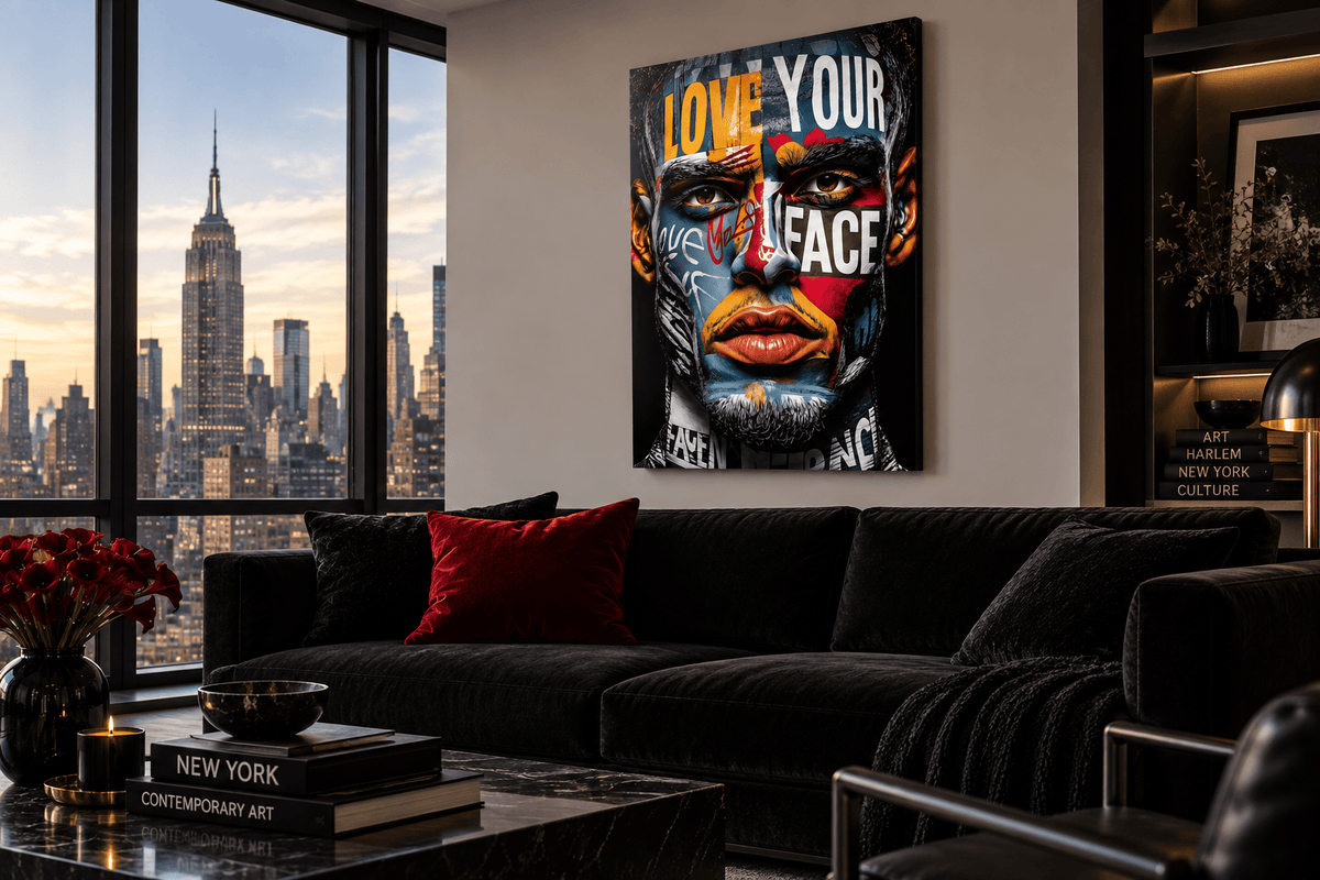 Love Your Face II by Corey Wesley in a room mockup above a black sofa, with the New York skyline beyond the windows.