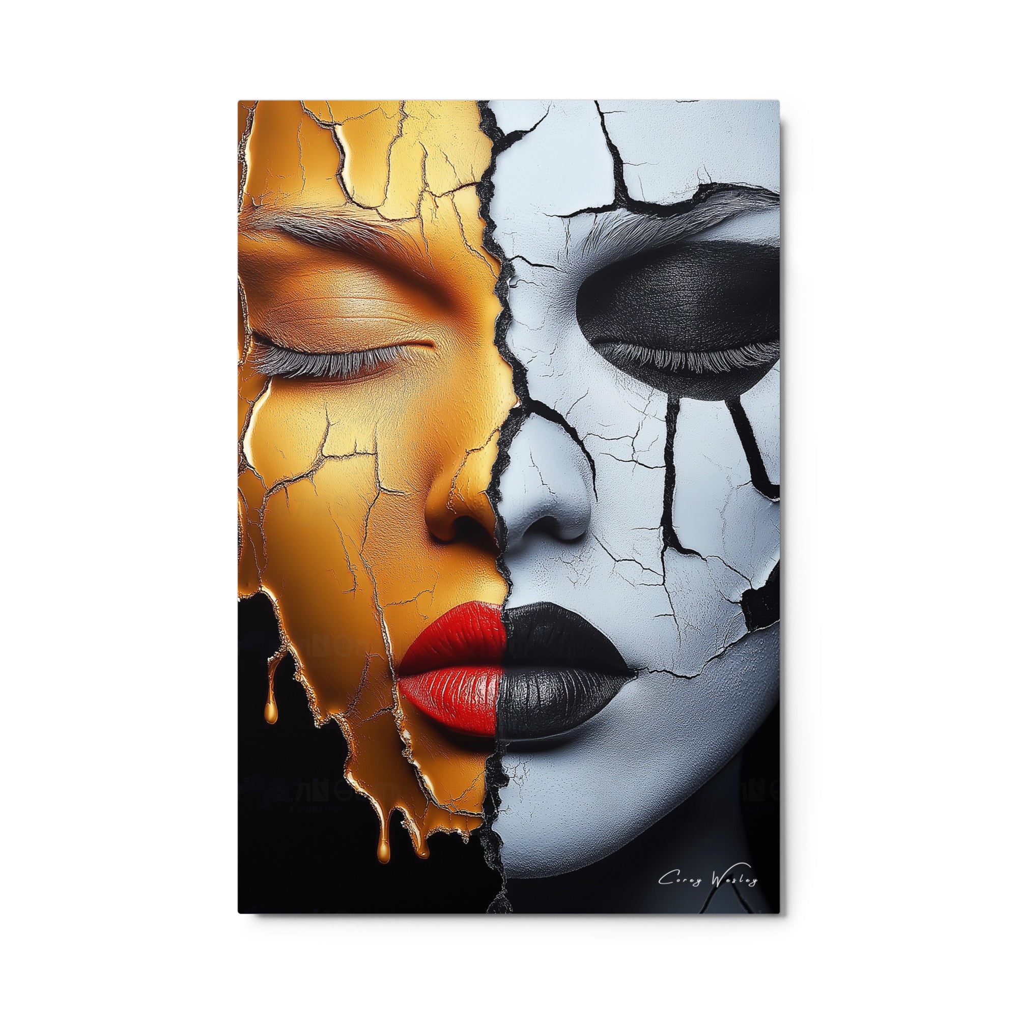 Gold silver cracked portrait art contemporary split face aluminum print NYC artist statement wall decor