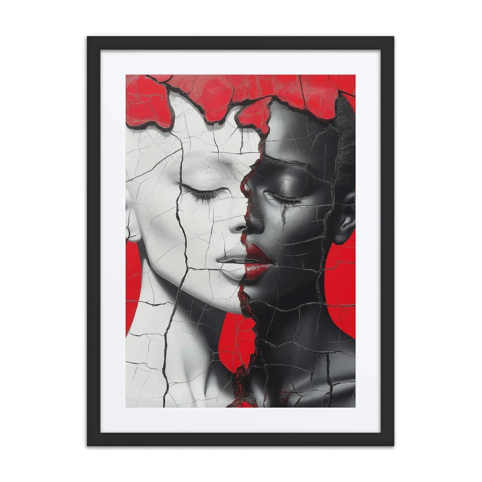 Red black white cracked portrait art contemporary dual faces aluminum print NYC artist wall art