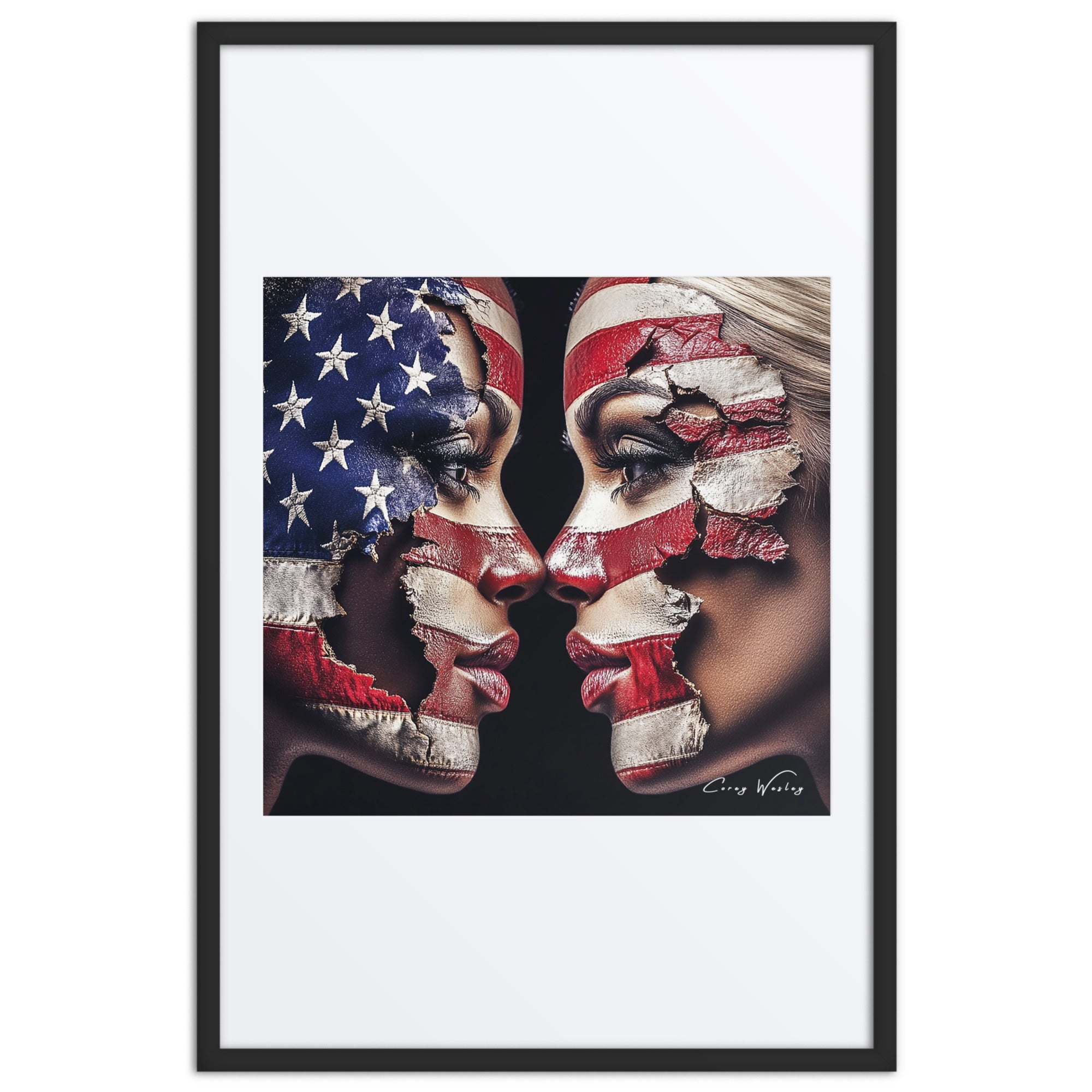 American Divide 24x36 framed wall art - Milton Wes Art contemporary aluminum portrait social commentary
