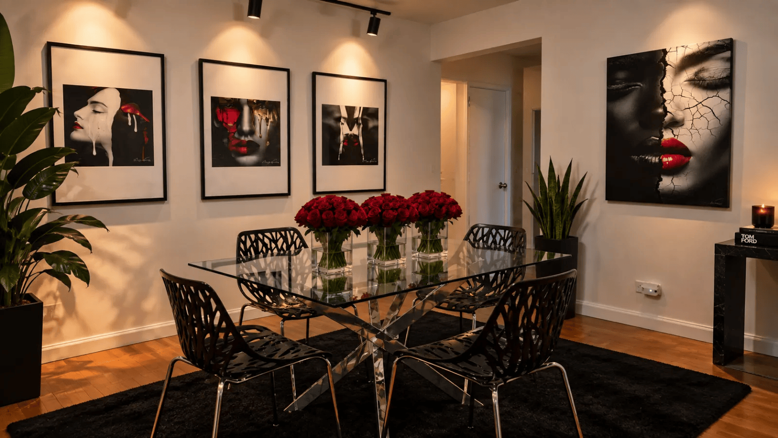 Framed and aluminum artworks by Corey Wesley displayed in his Harlem home dining room.