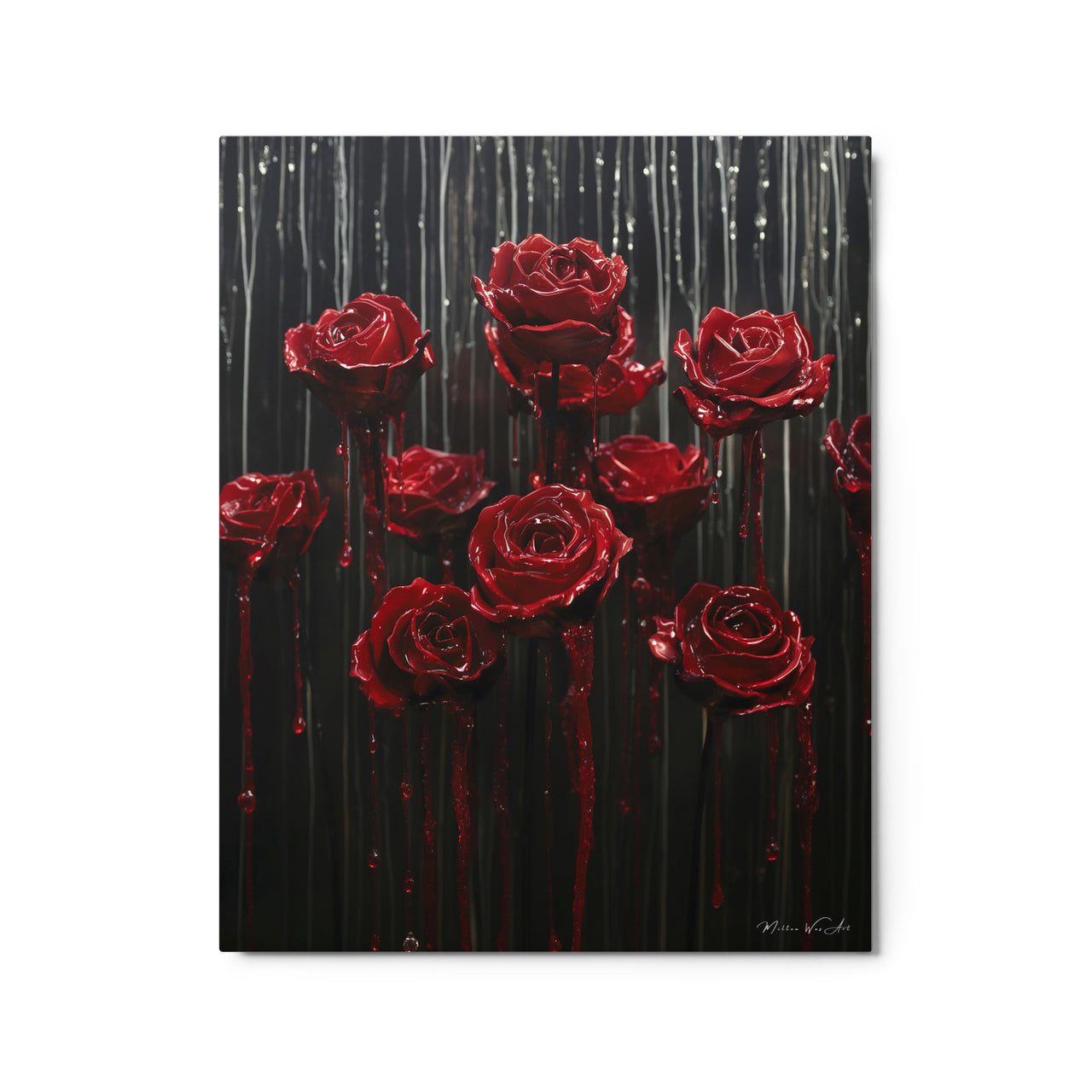 Close-up of vibrant red metallic roses with glossy drips on a dark striped background, metal print by Milton Wes Art.