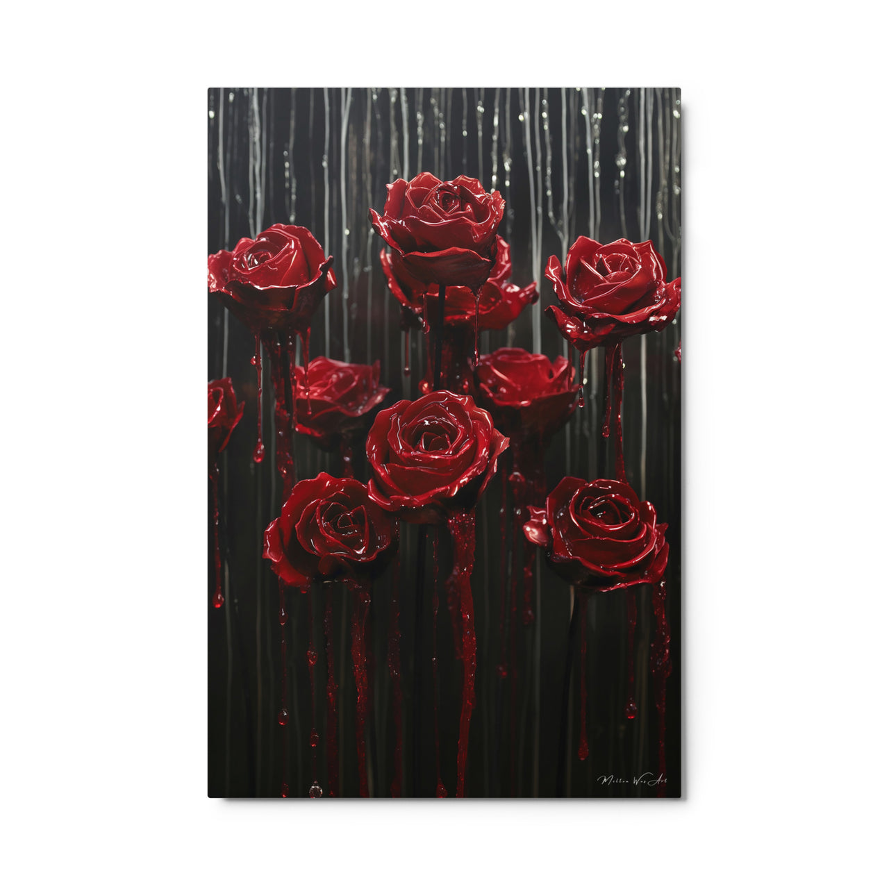 Close-up of vibrant red metallic roses with glossy drips on a dark striped background, metal print by Milton Wes Art.