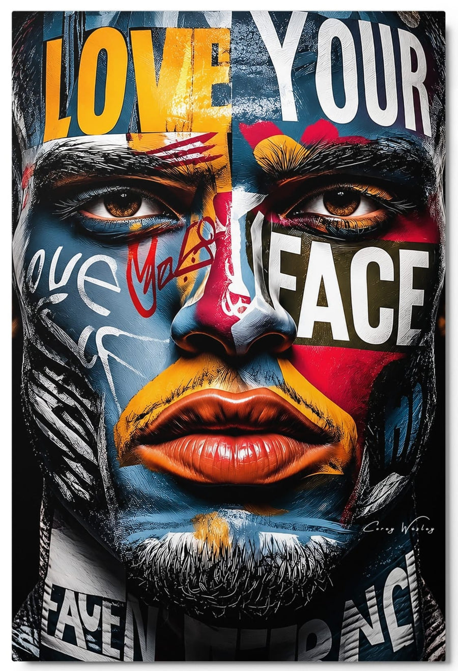 Read My Face, one-of-one 24x36 aluminum contemporary artwork by Harlem artist Corey Wesley from the Unapologetic Faces series, Milton Wes Art, Harlem NYC