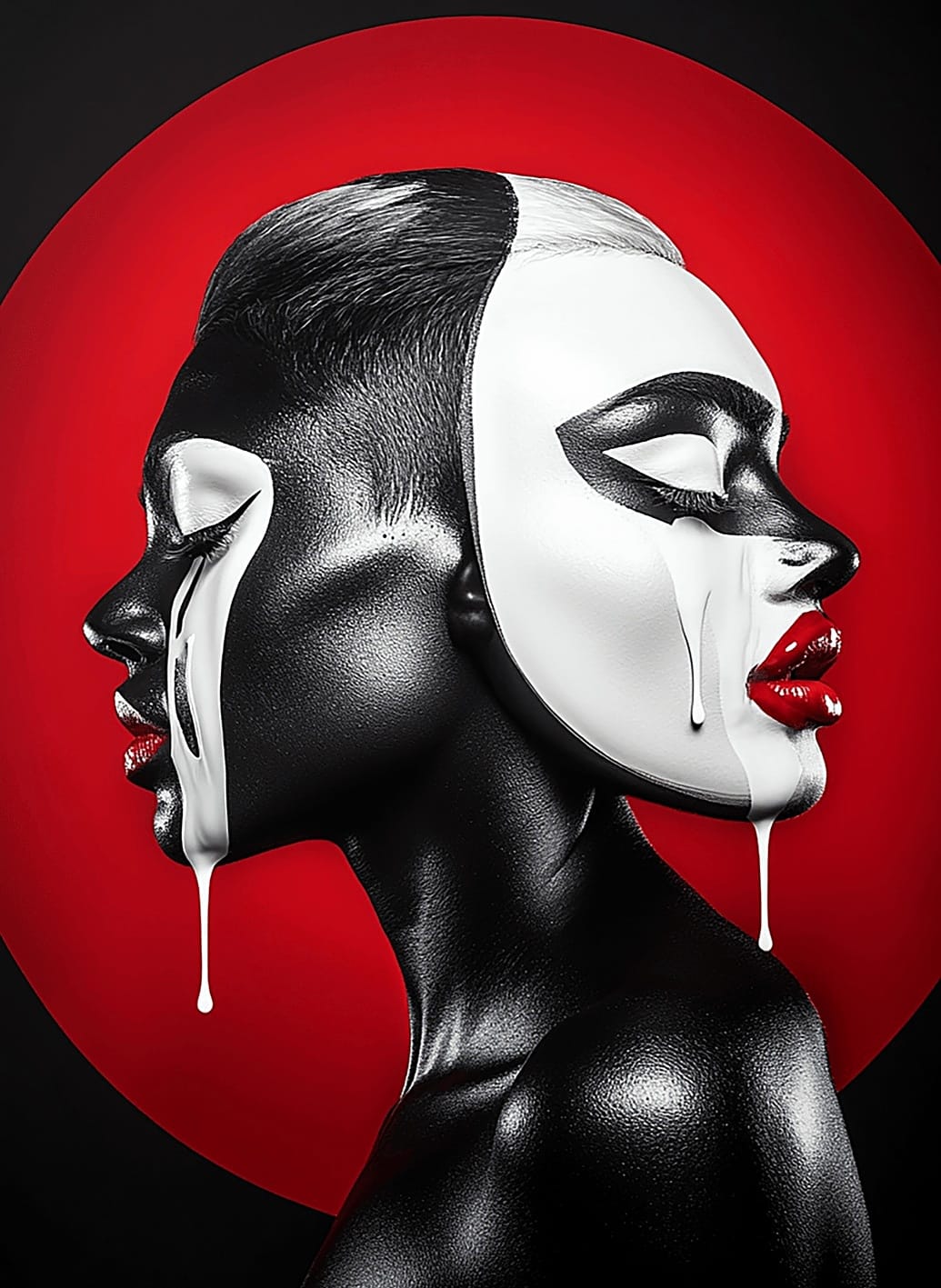 Two-Faced by Corey Wesley, 24x36 aluminum contemporary artwork shown in a modern collector's interior, Milton Wes Art.