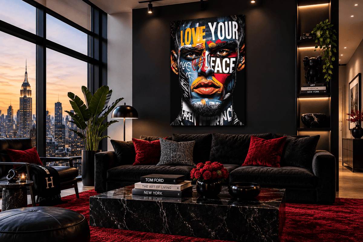 Love Your Face II by Corey Wesley in a room mockup above a black sofa, with the New York skyline beyond the windows.