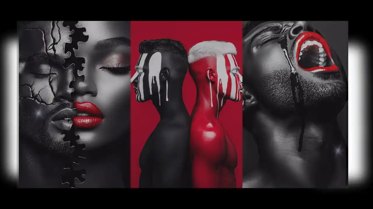 Luxury modern wall art by Milton Wes Art – bold abstract portraiture with black, red, and surreal elements. Luxury modern wall art by Milton Wes Art – bold abstract portraiture with black, red, and surreal elements.