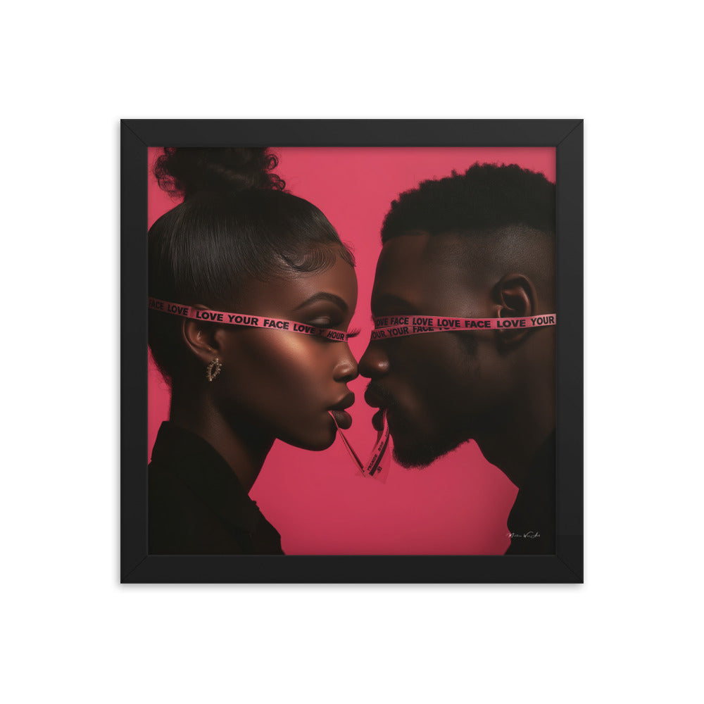 Couple wearing "Love Your Face" designer blindfolds in a romantic close-up, against a pink background by Milton Wes Art