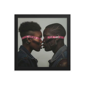 Two models wearing "Love Your Face" signature blindfolds in a close, artistic pose by Milton Wes Art