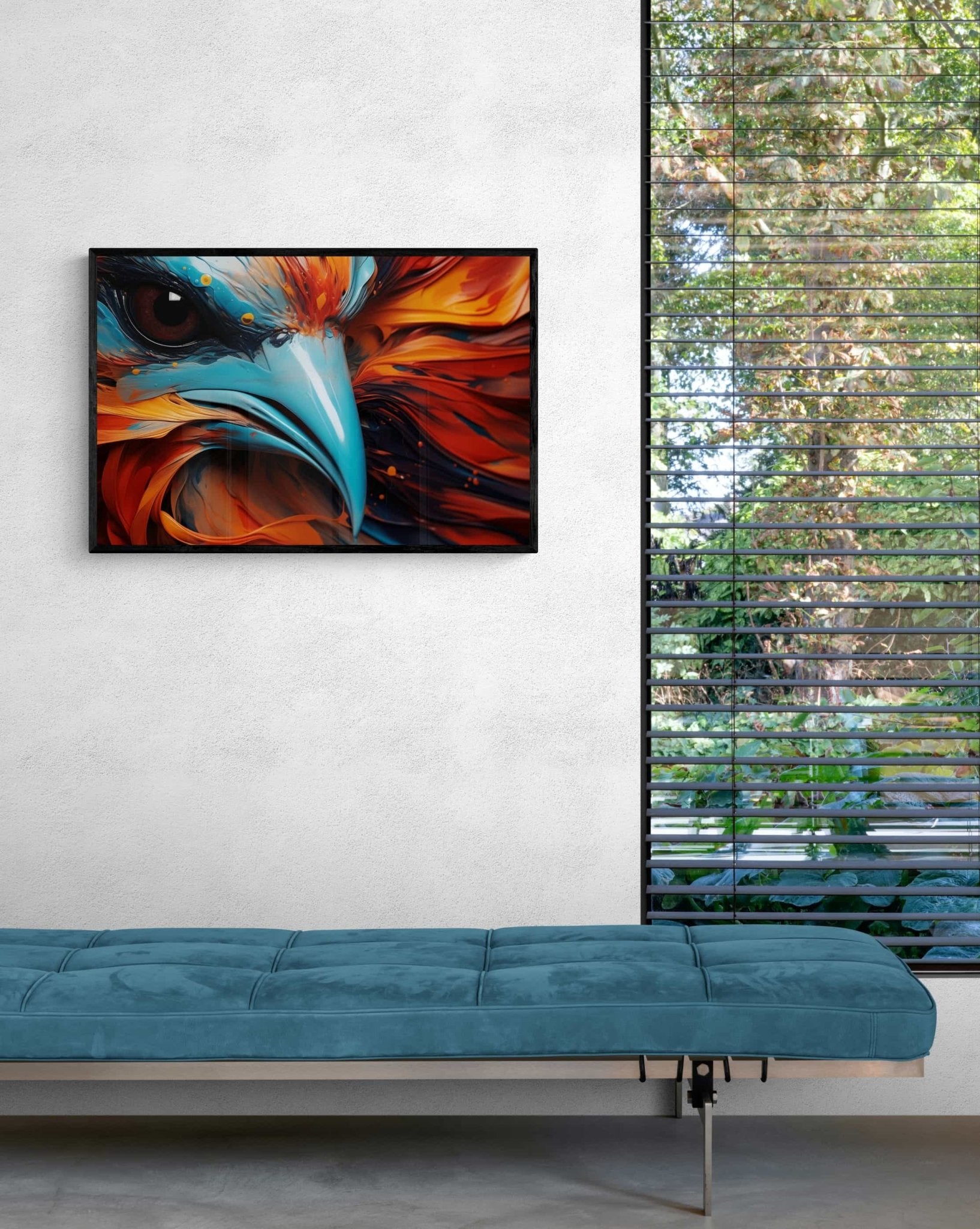 Intense and vivid framed canvas print of an eagle's gaze, with fiery orange feathers, by Milton Wes Art, mounted on a minimalist white wall above a sleek teal daybed, adding a powerful aesthetic to the room.