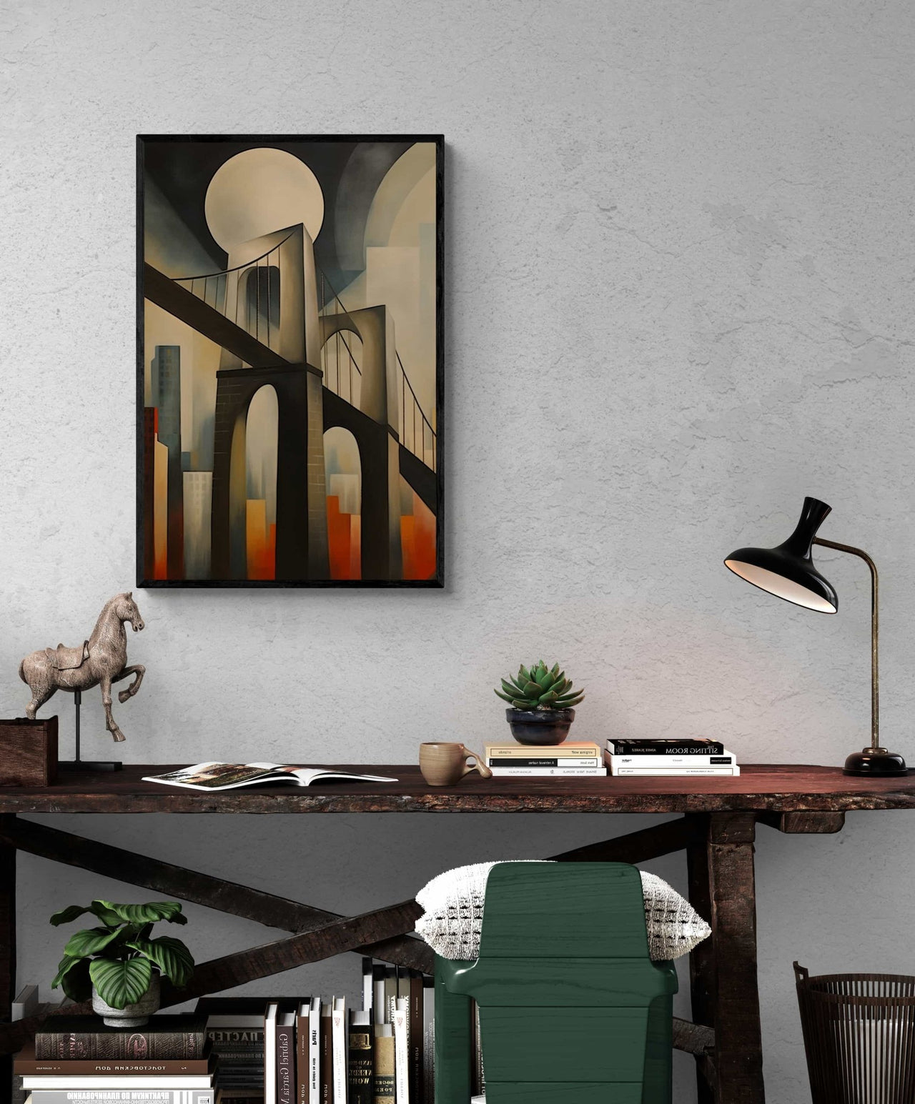 Sleek framed canvas artwork from Milton Wes Art featuring abstract architectural elements and muted tones, creating a sophisticated atmosphere in a stylishly decorated workspace, available at miltonwesart.com, Harlem NYC.