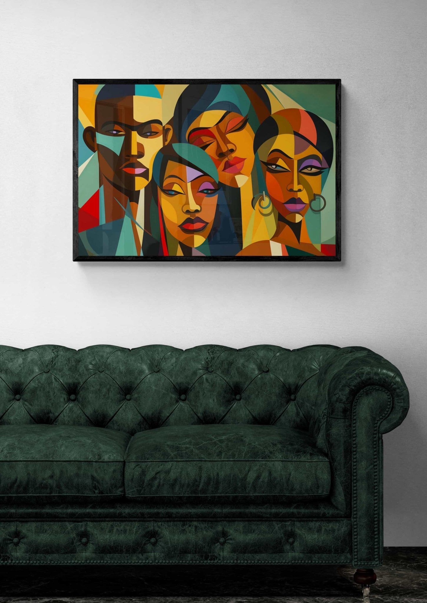 Elegant canvas print from Milton Wes Art showcasing a group of vibrant, geometrically-styled faces, above a lush green velvet sofa, from the Harlem, NYC based online retailer miltonwesart.com