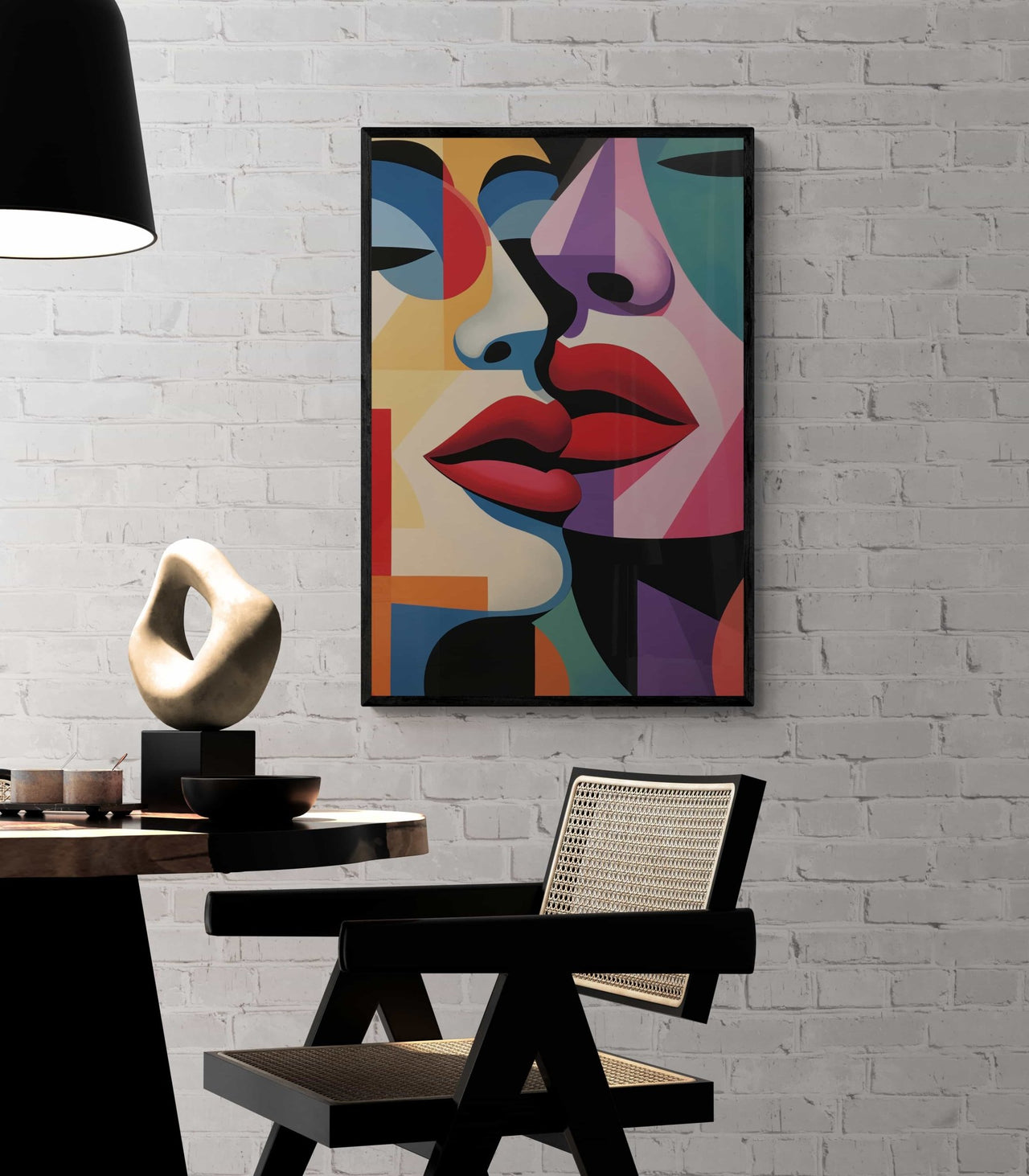 Colorful abstract canvas print by Milton Wes Art, featuring overlapping geometric faces in bold colors, displayed on a white brick wall in a stylish interior with modern furniture and decor.