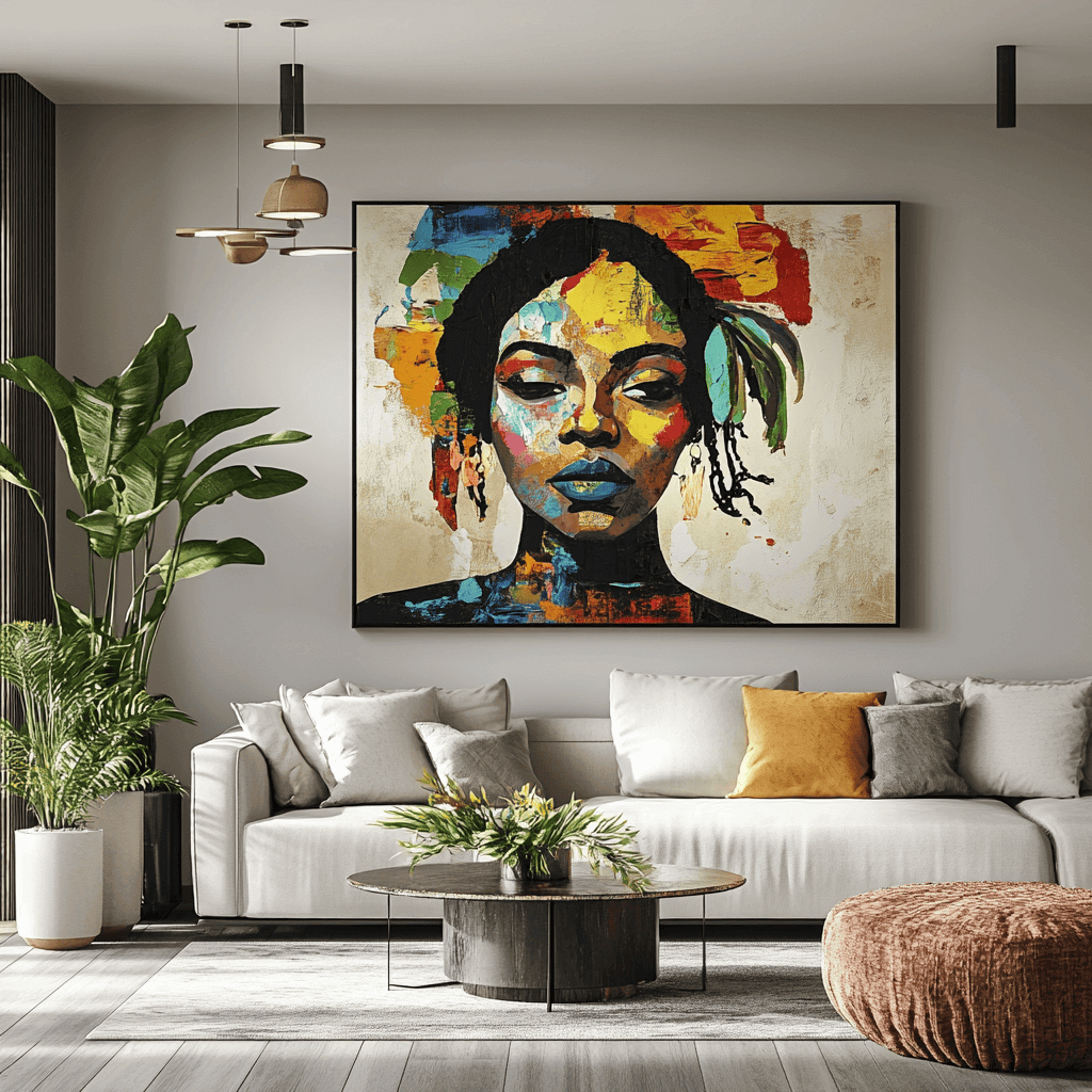 : Abstract African-American art of a woman’s portrait with bold colors.