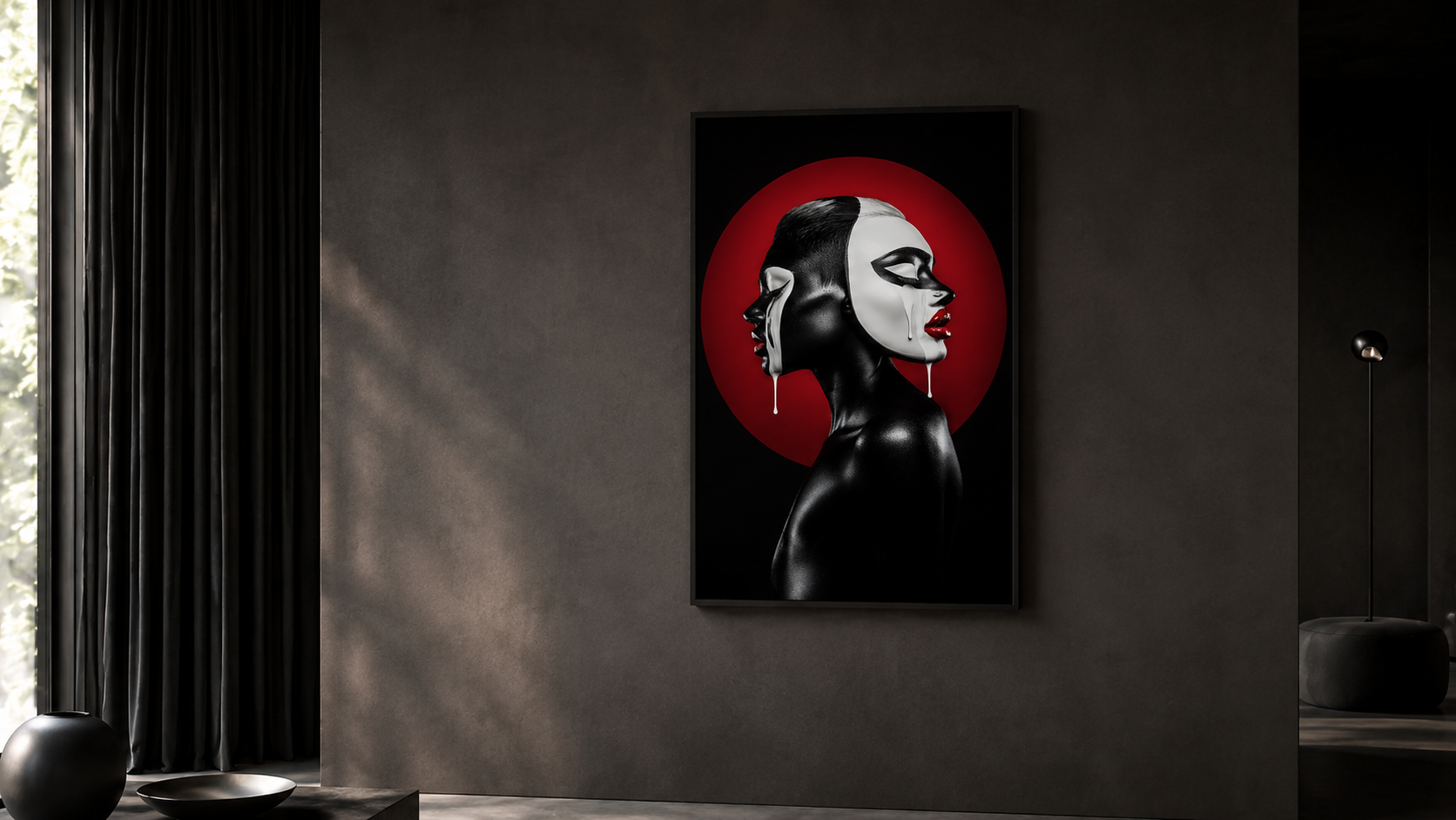 Two-Faced by Corey Wesley displayed at realistic 24x36 scale in a dark contemporary interior