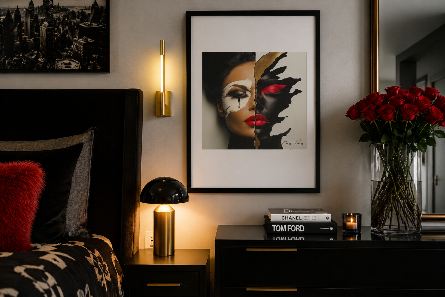 Shiny and Vanished, a one of one work on archival museum-quality aluminum by Harlem artist Corey Wesley, displayed above a nightstand in a bedroom with brass lighting and red roses.