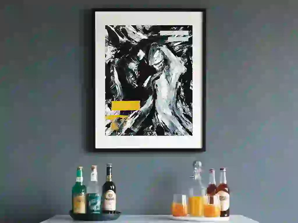 Luxury wall art by Scott M. Lilly titled Us (circa 2021), monochrome abstract painting with bold strokes and yellow accents