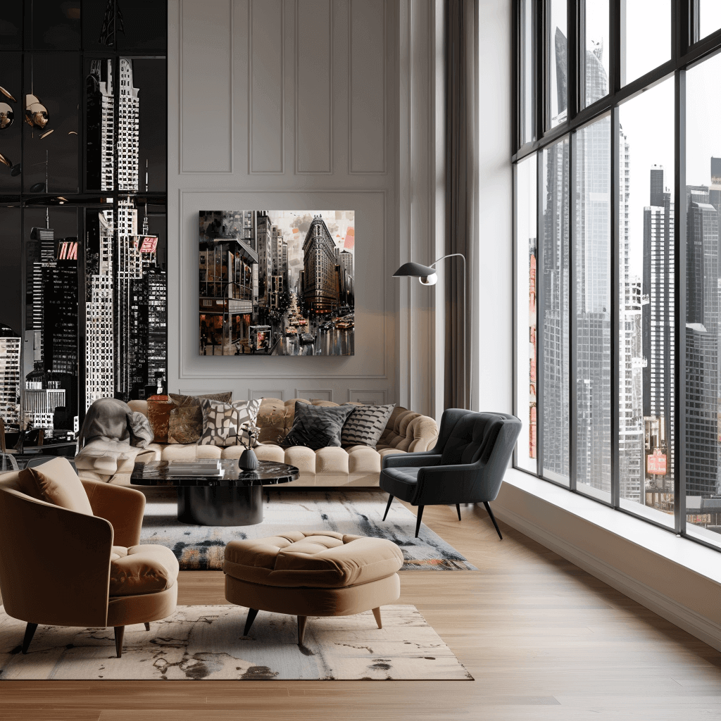 Large framed canvas art of a cityscape displayed in a modern, luxury living room with floor-to-ceiling windows overlooking a city skyline.