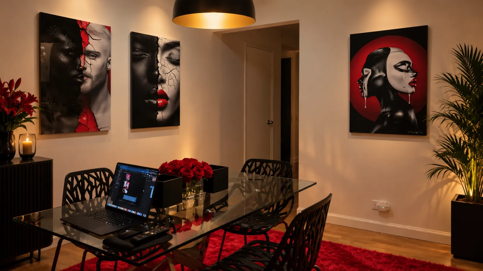 Love Cracks, Cracked Fusion and Two-Faced by Corey Wesley hanging in a dining room with a glass table, black chairs and red roses