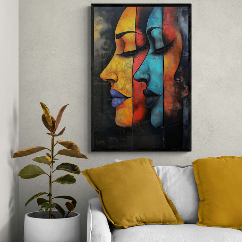 Framed abstract African-American wall art featuring two colorful profiles in blue, orange, and red tones, displayed in a modern living room with a white sofa and mustard yellow cushions, complemented by a potted plant