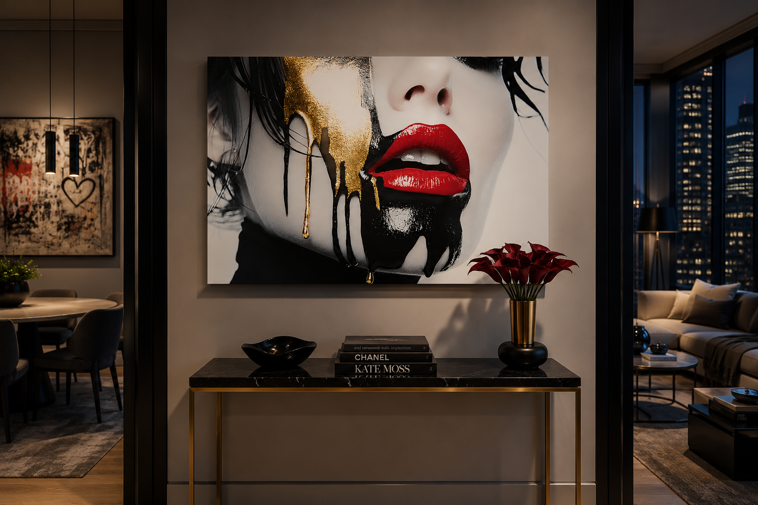 One of one contemporary artwork "Love Your Face" by Harlem artist Corey Wesley, displayed on archival aluminum in a modern loft living room with exposed brick and city skyline views.
