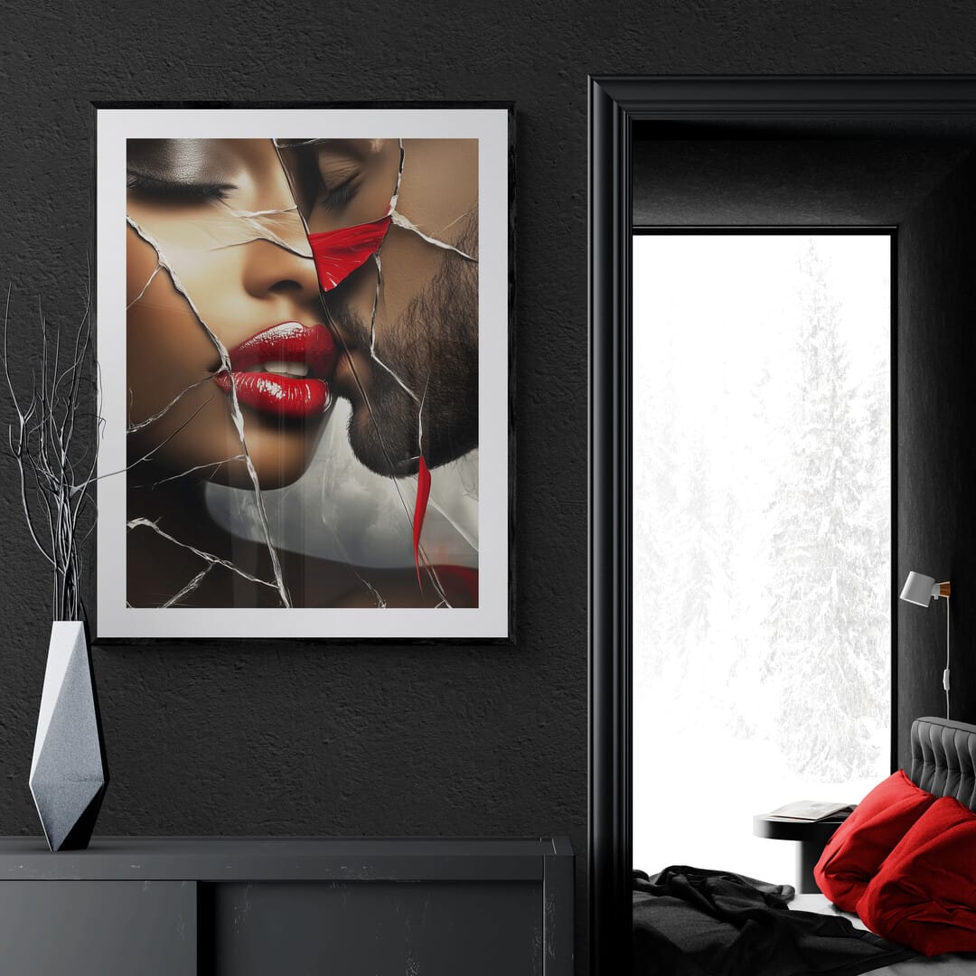 Framed modern African-American art print featuring an intimate, passionate moment between two lovers, beautifully displayed against bold black walls with striking red accents. This ready-to-hang, large canvas art 