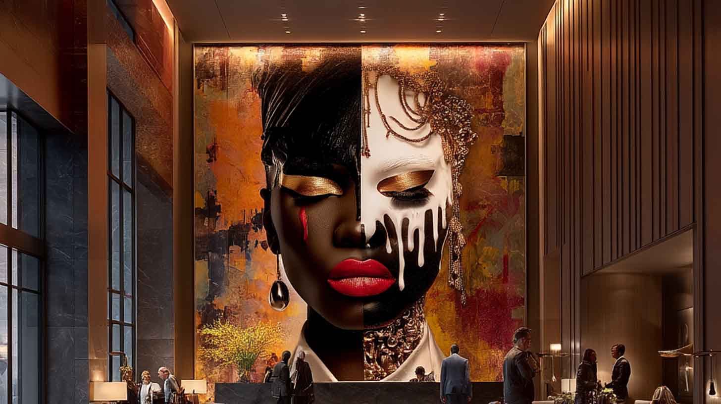 Hotel lobby featuring local artist contemporary portraits instead of generic commercial art
