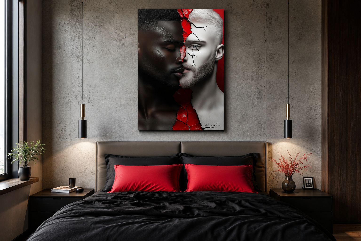 Love and Lies by Corey Wesley — one of one aluminum artwork shown in bedroom installation, 24x36, Milton Wes Art Harlem NYC