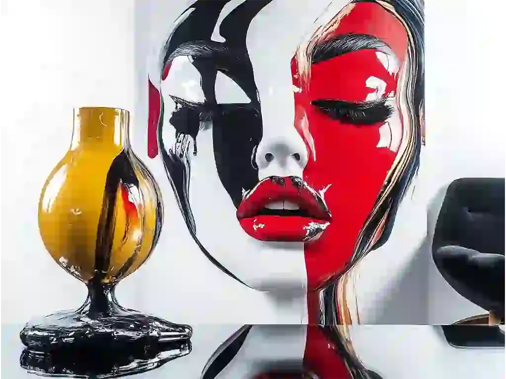 Luxury wall art featuring a bold red, black, and white abstract female face painting from Corey Wesley’s Unapologetic Faces Collection, displayed beside an amber glass vase on a glossy tabletop.