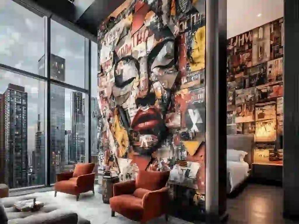 Luxury wall art in a modern high-rise living space with emotional abstract portrait and city skyline view, styled for upscale interiors
