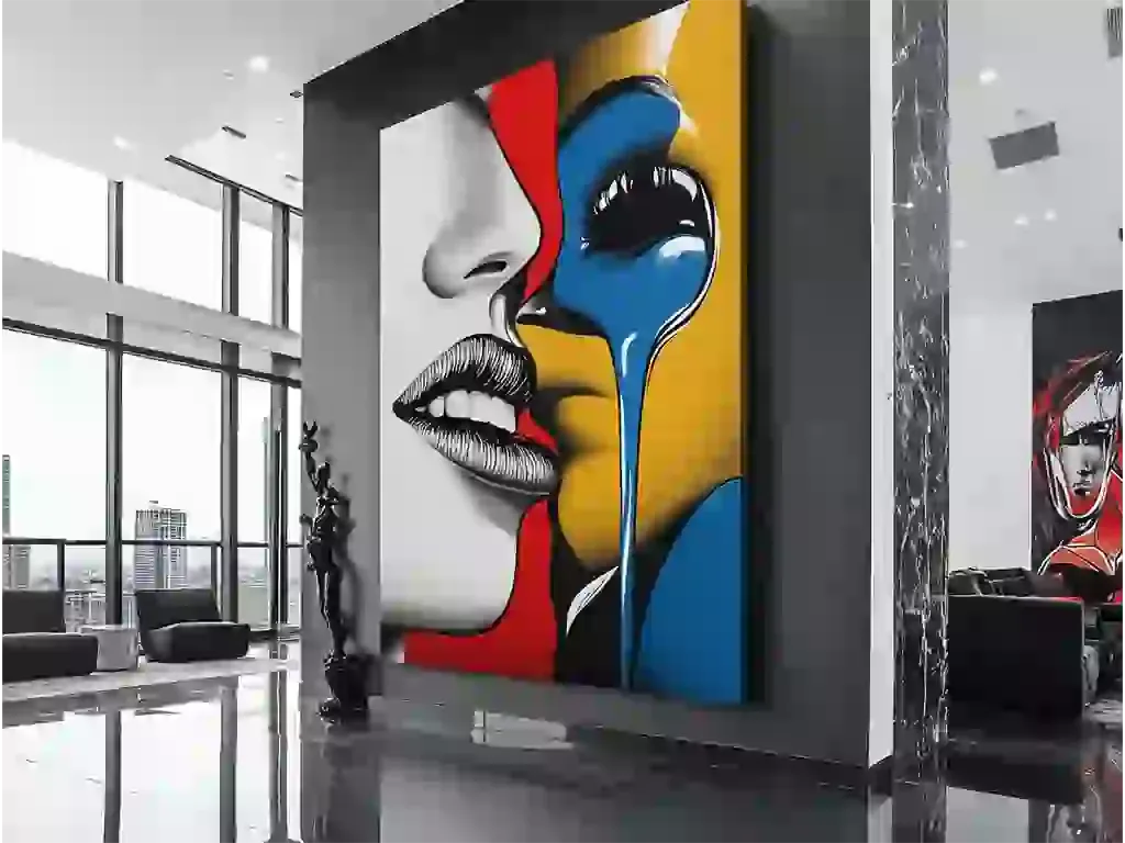 Luxury framed wall art in a Manhattan penthouse, showcasing a bold, modern portrait with red, yellow, and blue tones displayed on a charcoal feature wall.