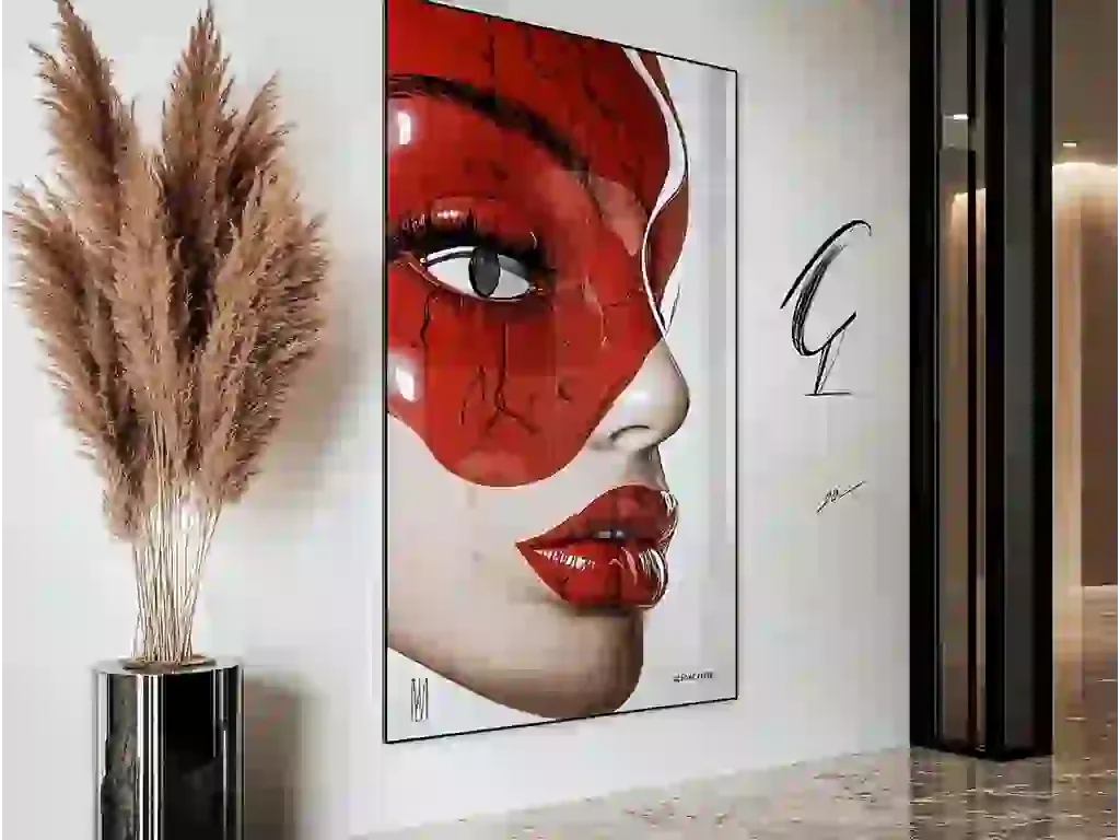 Luxury metal wall art featuring bold, contemporary portrait in red by Corey Wesley, styled elegantly in a modern interior.
