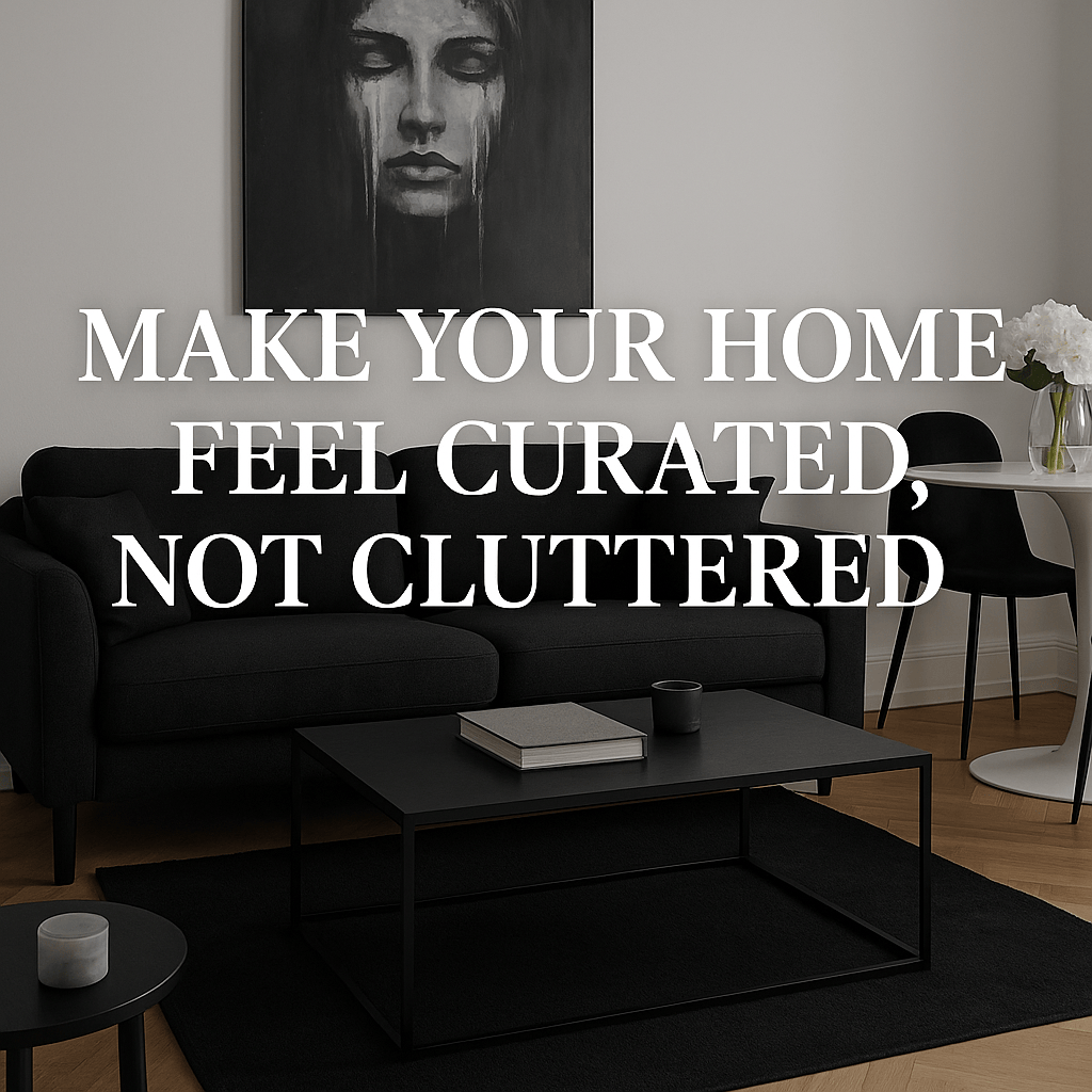 Minimalist black and white living room with emotional wall art and the phrase "Make Your Home Feel Curated, Not Cluttered" overlaid in bold white text.