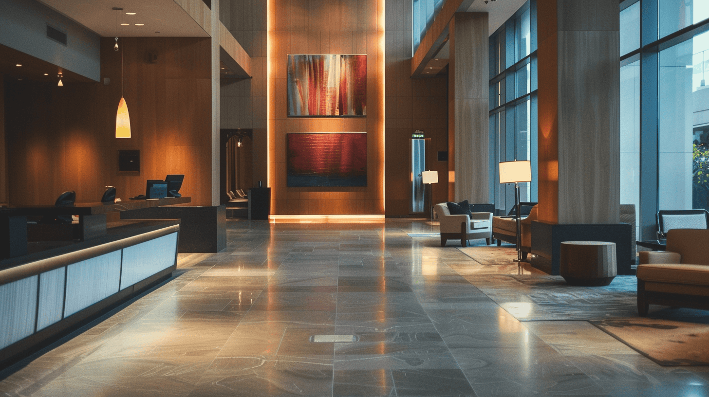 NYC real estate expert and hotel guests discussing commercial art selection in modern hotel lobby during hospitality research interview