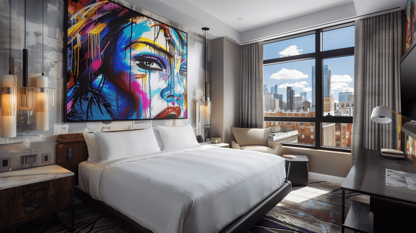 Hotel room wall art by NYC artist Corey Wesley - emotional abstract portrait, luxury hospitality design, contemporary metal print artwork above king bed