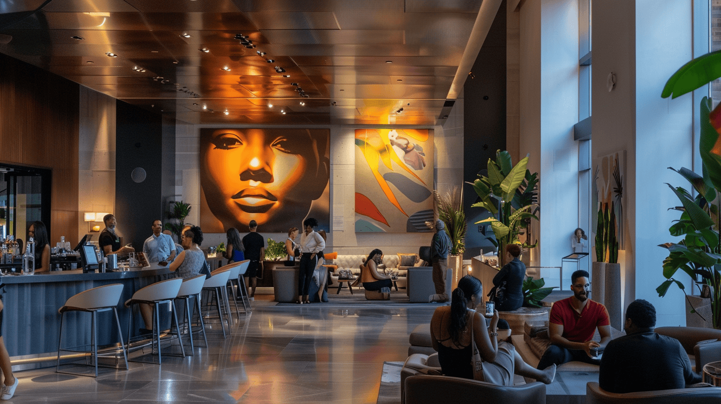 Hotel art curation example: boutique lobby featuring contemporary portrait installations with guests enjoying premium hospitality experience
