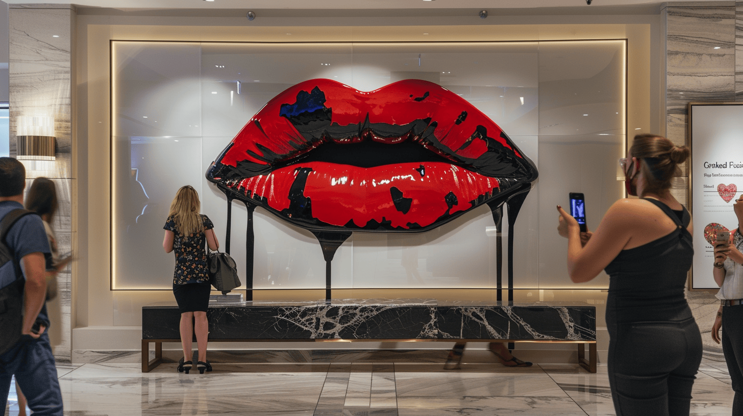 Commercial property art installation featuring bold red lips artwork in luxury hotel lobby with guests photographing Instagram-worthy moment