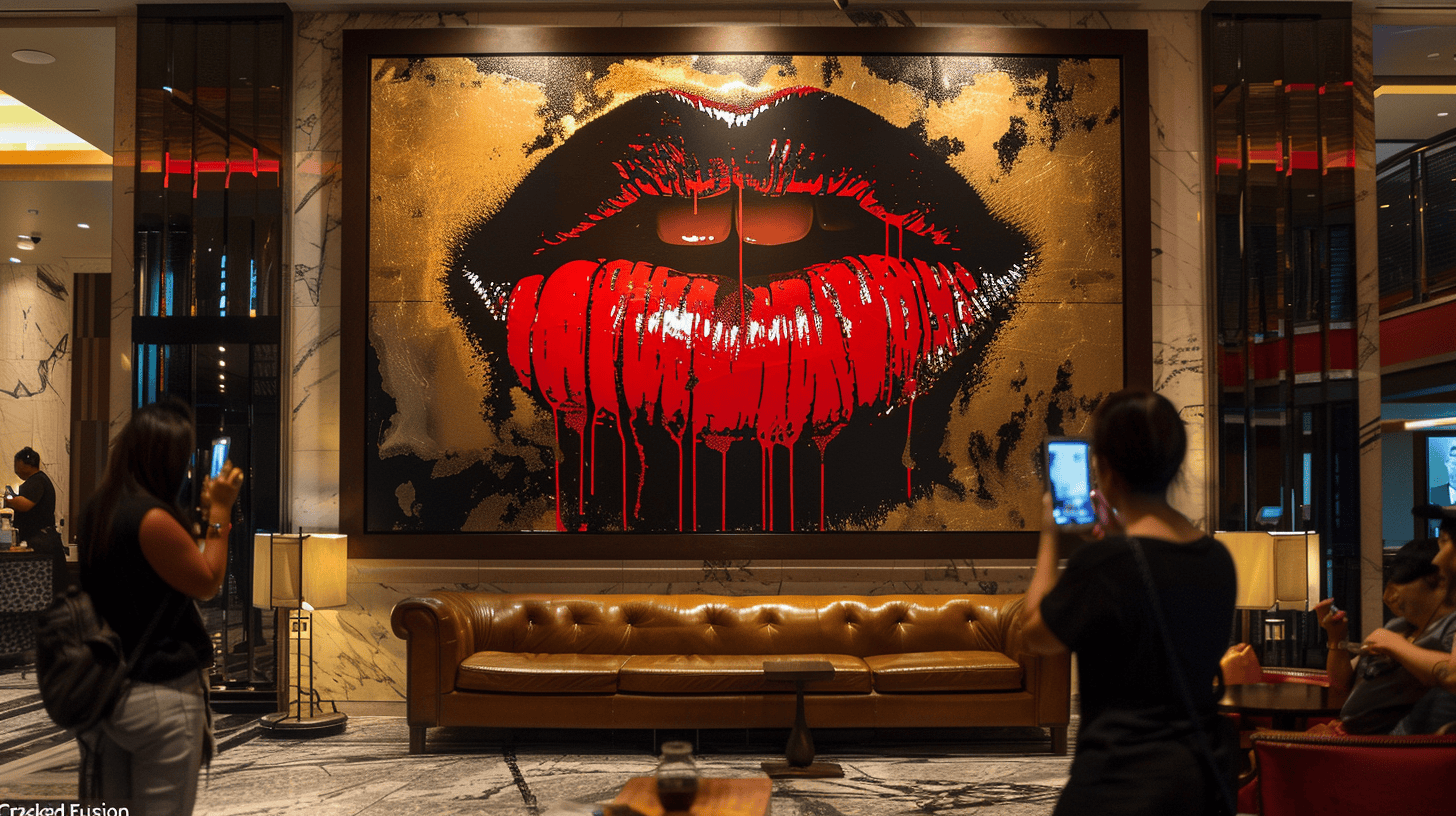 Hotel guests photographing "Cracked Fusion" red lips wall art in luxury lobby - strategic art placement driving social media engagement and bookings