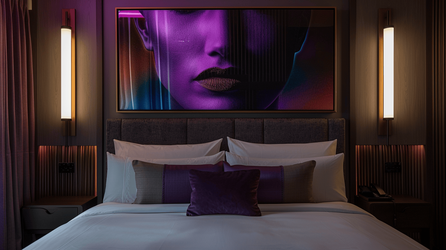 Commercial bedroom wall art - purple abstract metal print in luxury hotel setting demonstrating 30-second art test impact